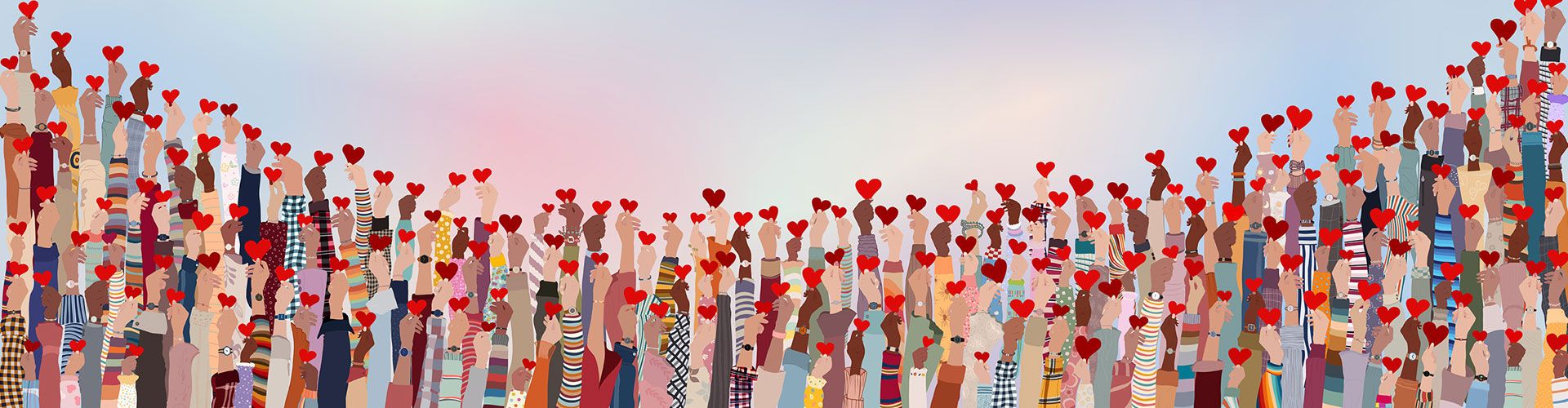 Gruppenbild. Viele gemalte Menschen halten jeweils ein Herz in die Höhe.